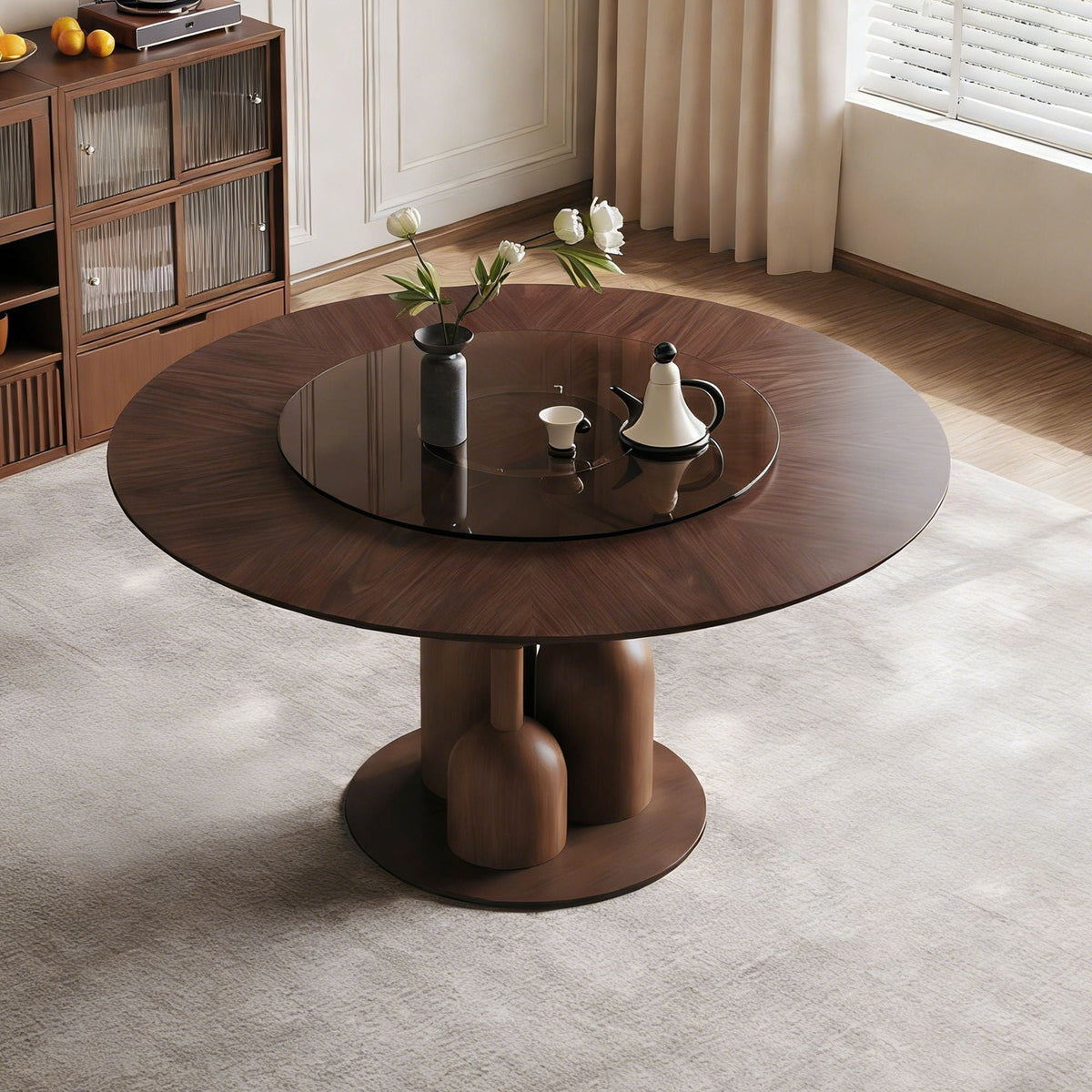 Round Walnut Dining Table with Glass Lazy Susan - Solid Oak