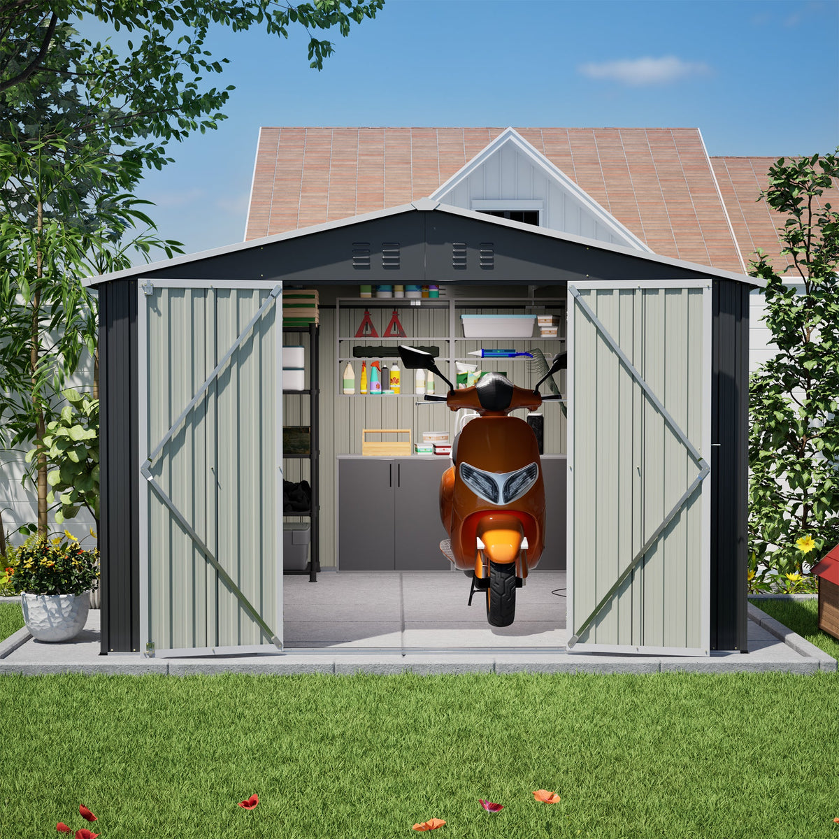 10x10 FT Metal Outdoor Storage Shed with Lockable Double Doors - Black