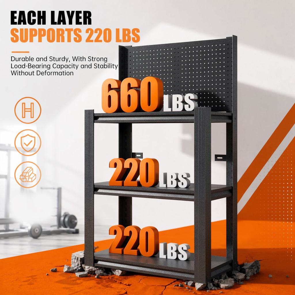 3-Tier Heavy-Duty Metal Storage Shelving Unit with Pegboard - Metal