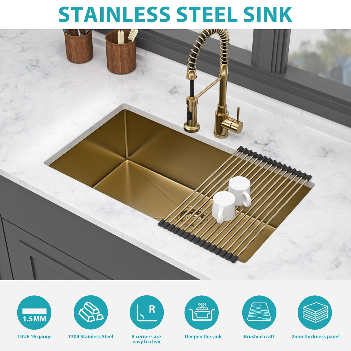 Undermount Stainless Steel Kitchen Sink with Deep Single Bowl - Gold