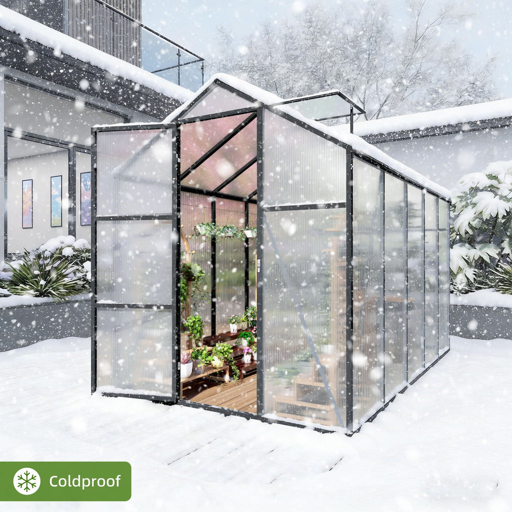 Windproof Greenhouse with Raised Base - Polycarbonate Panels - Black