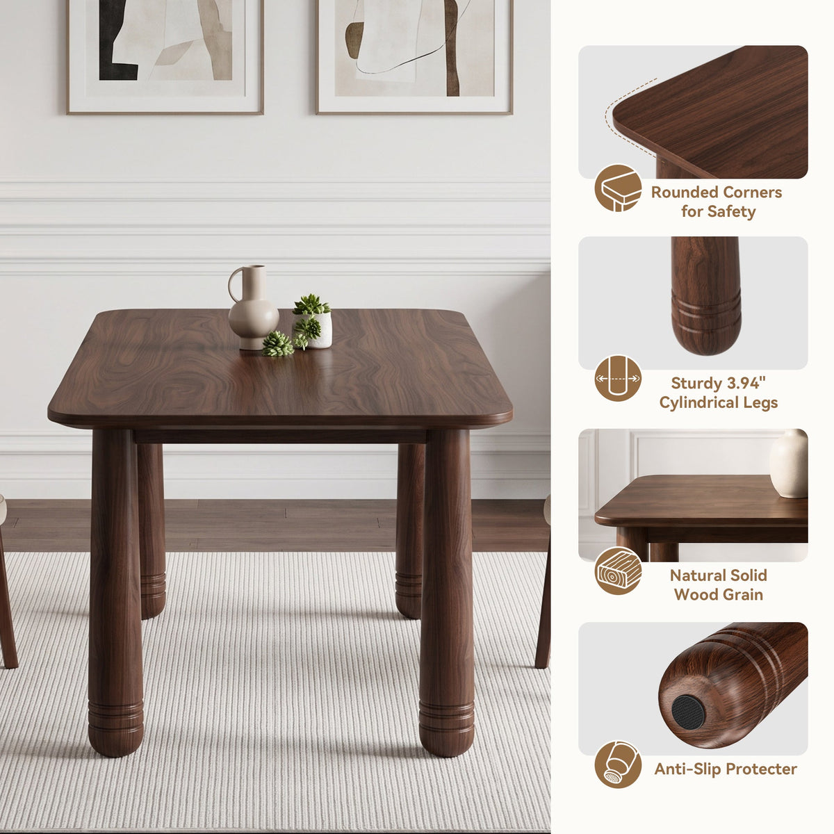 63-Inch Walnut-Finish Dining Set with 4 Upholstered Chairs