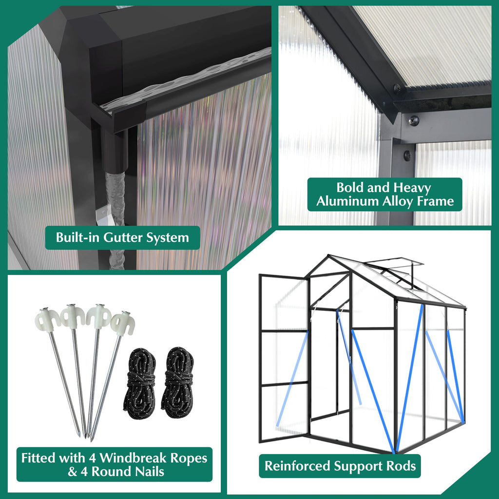 Windproof Greenhouse with Raised Base - Polycarbonate Panels - Black