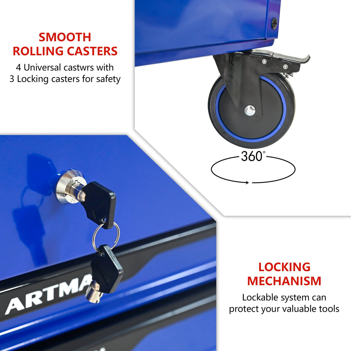 3 Drawers Multifunctional Tool Cart With Wheels - Blue & Black