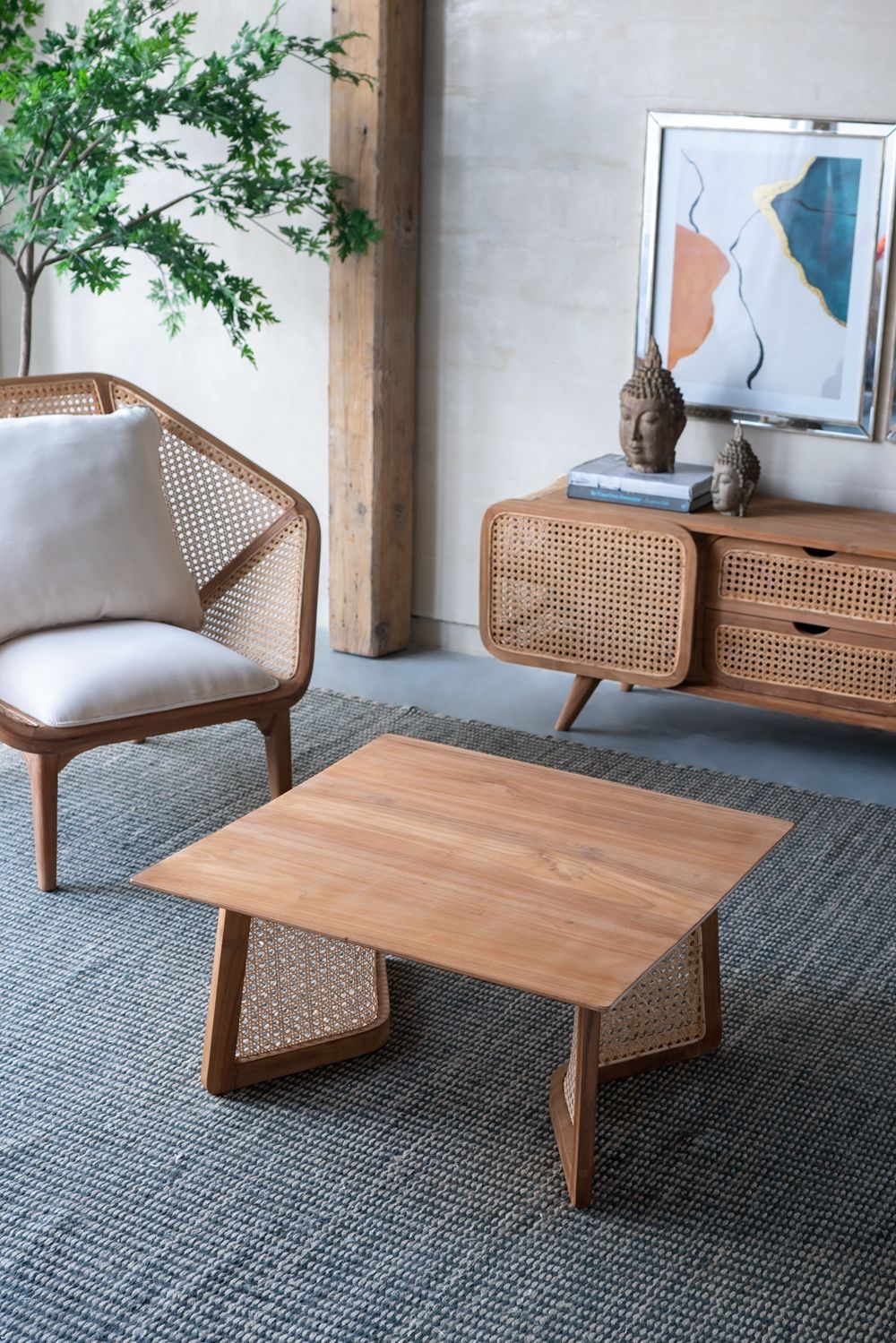 Teak Coffee Table with Teak and Rattan Construction - Natural Wood / Brown