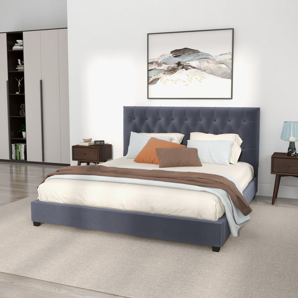Dark Gray Mid-Century Modern Upholstered Platform Bed with Foam Headboard
