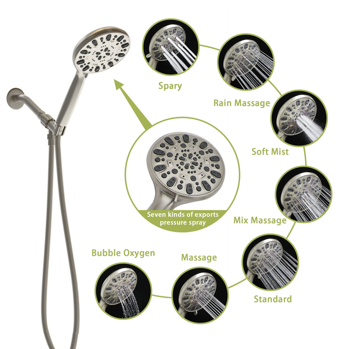 Multi Function Adjustable Hand Shower with 7 Spray Settings - Brushed Nickel