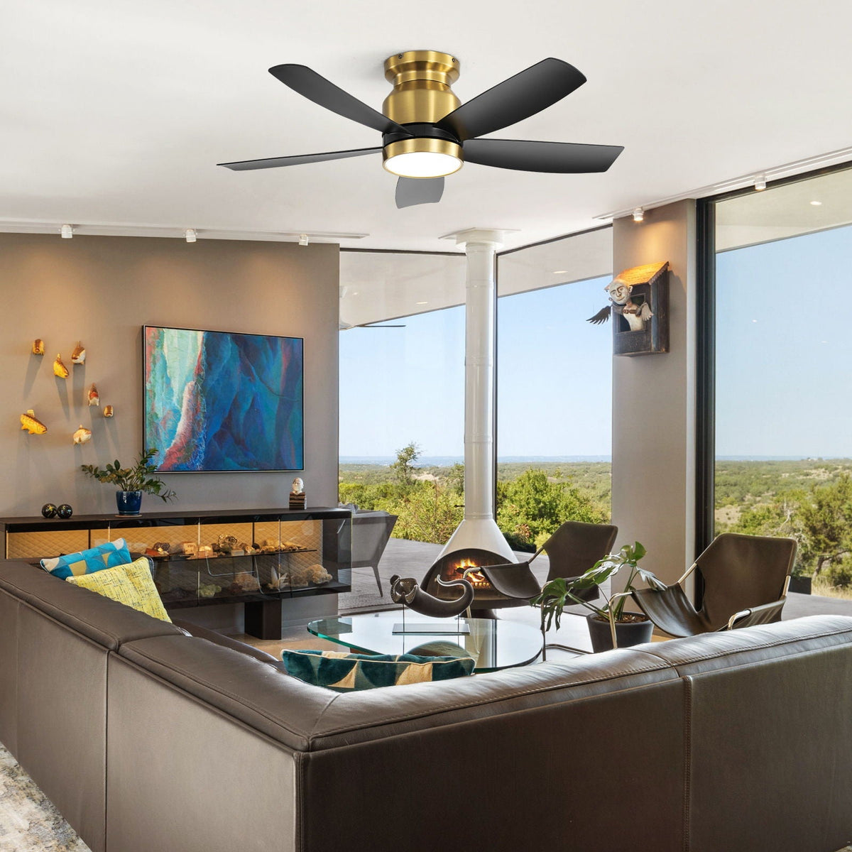 Flush Mount Ceiling Fan with LED Light and Remote Control - White or Black