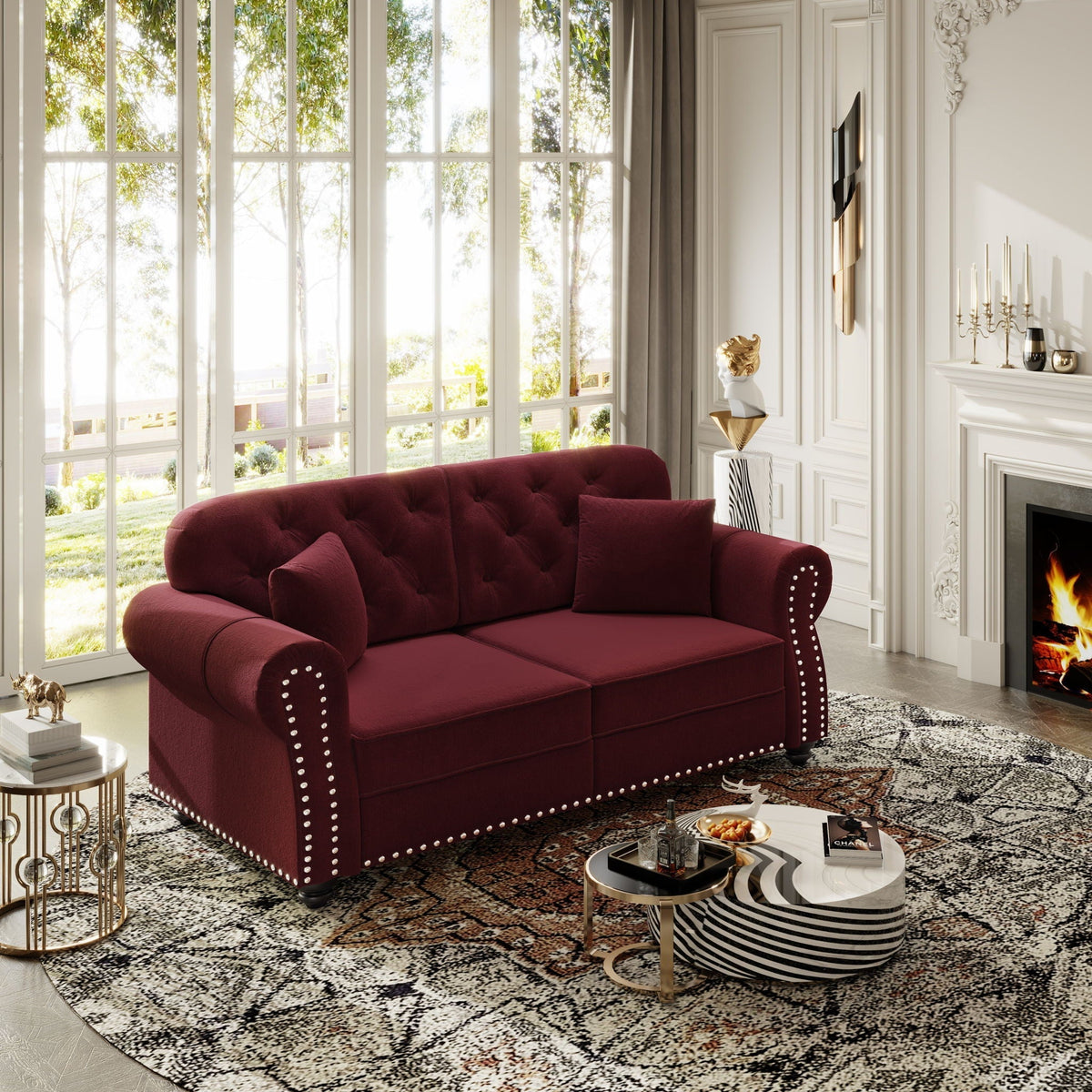 Upholstered Chesterfield Sofa with Nailhead Trim and Rolled Armrests - Fabric