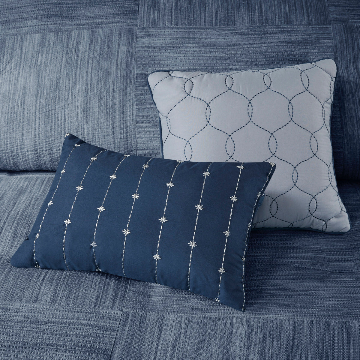 7 Piece Printed Seersucker Comforter Set with Hypoallergenic Fill - Navy