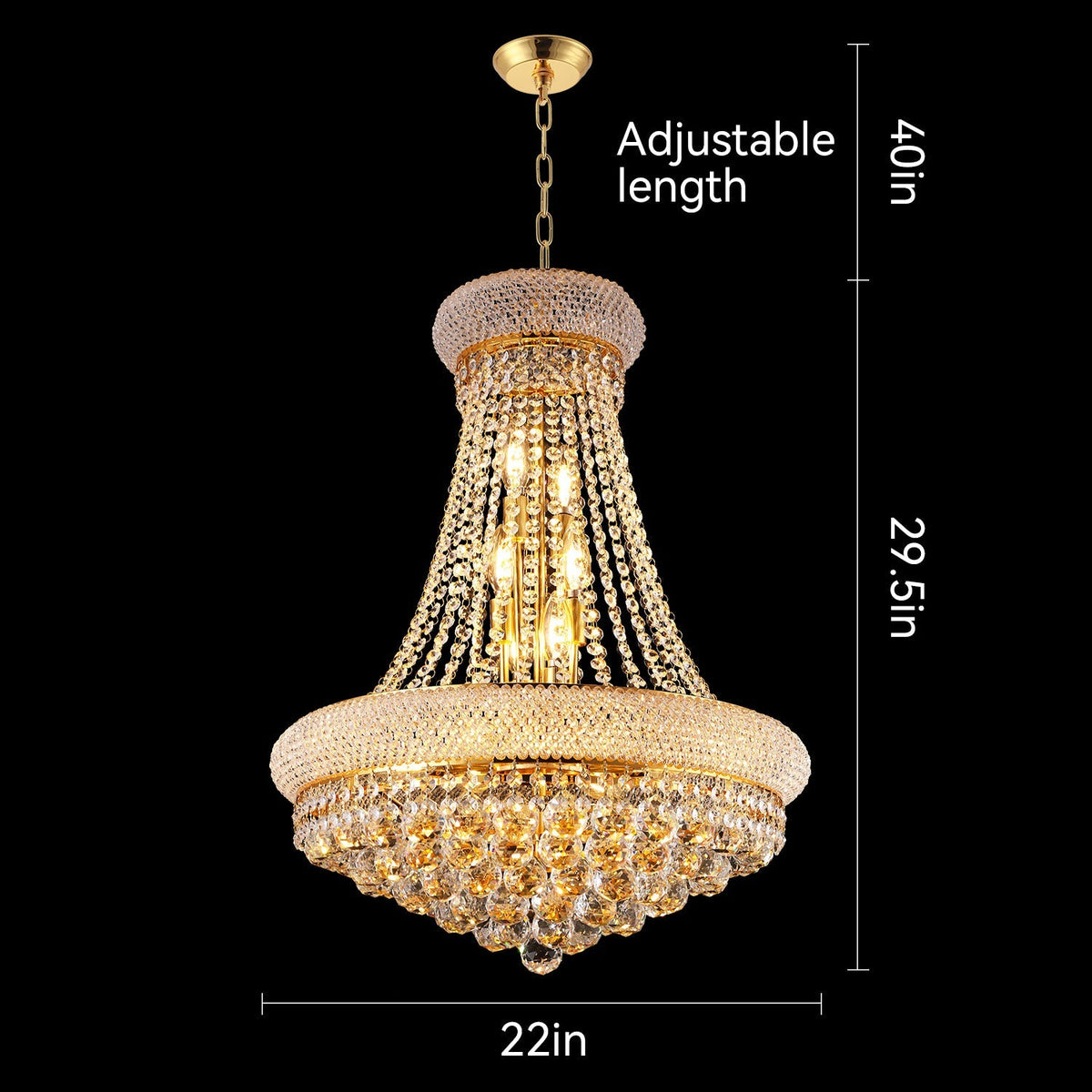 24-Inch Gold Crystal Chandelier with 12 LED Lights - Gold