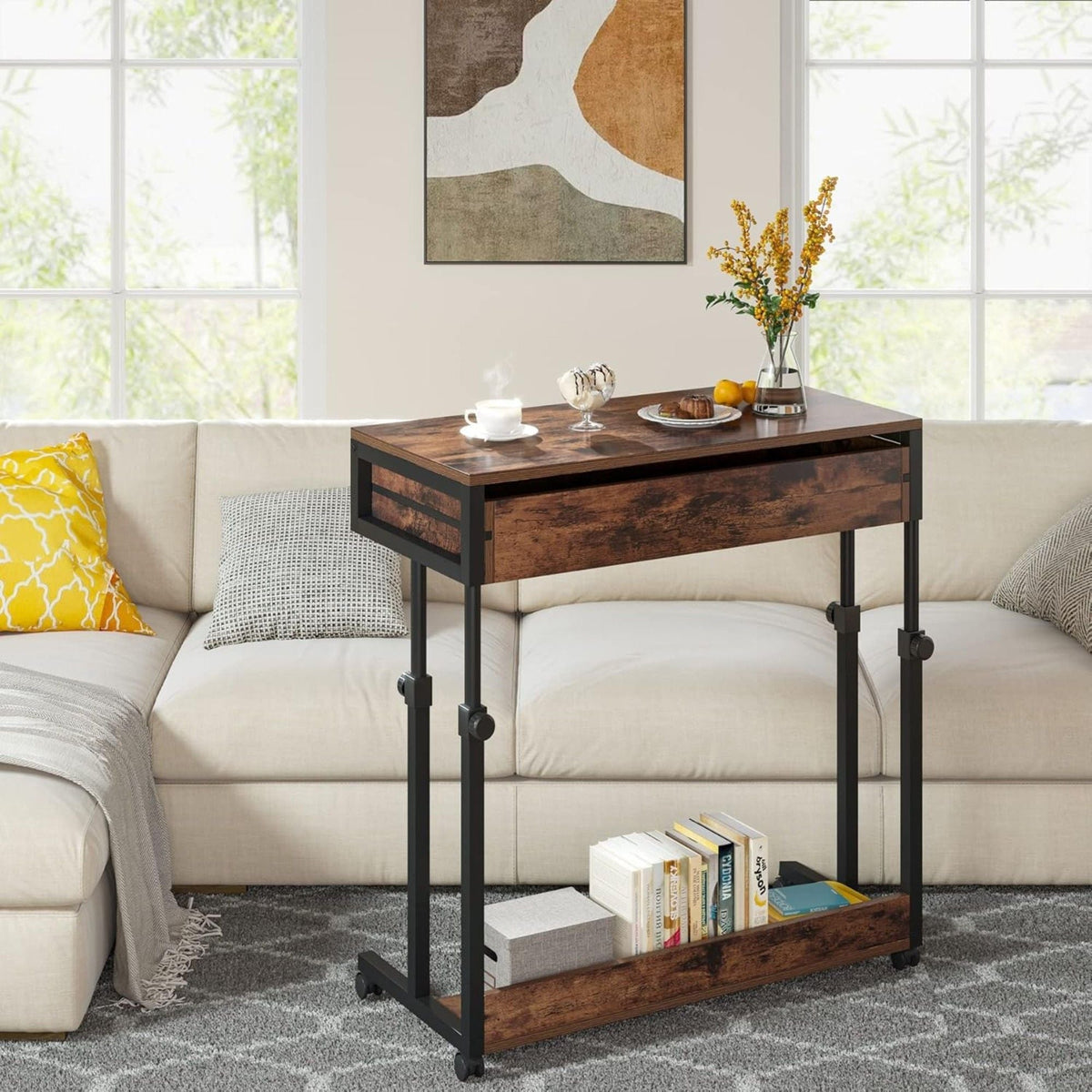 Portable Laptop Desk with Drawer & Wheels - Height Adjustable - Brown/Black