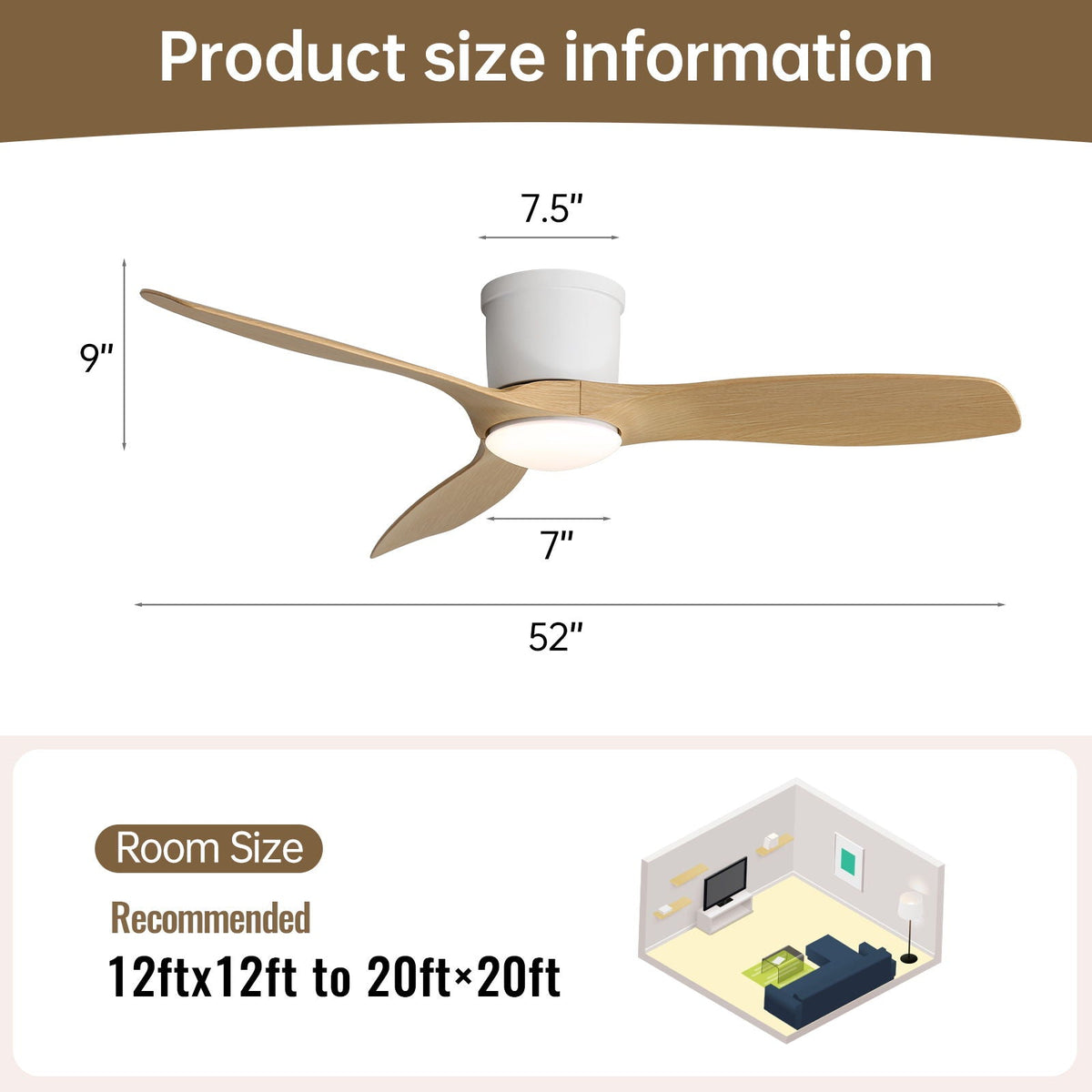 Flush Mount Ceiling Fan With Dimmable LED Light and Reversible DC Motor - Pearl Silver or Light Brown