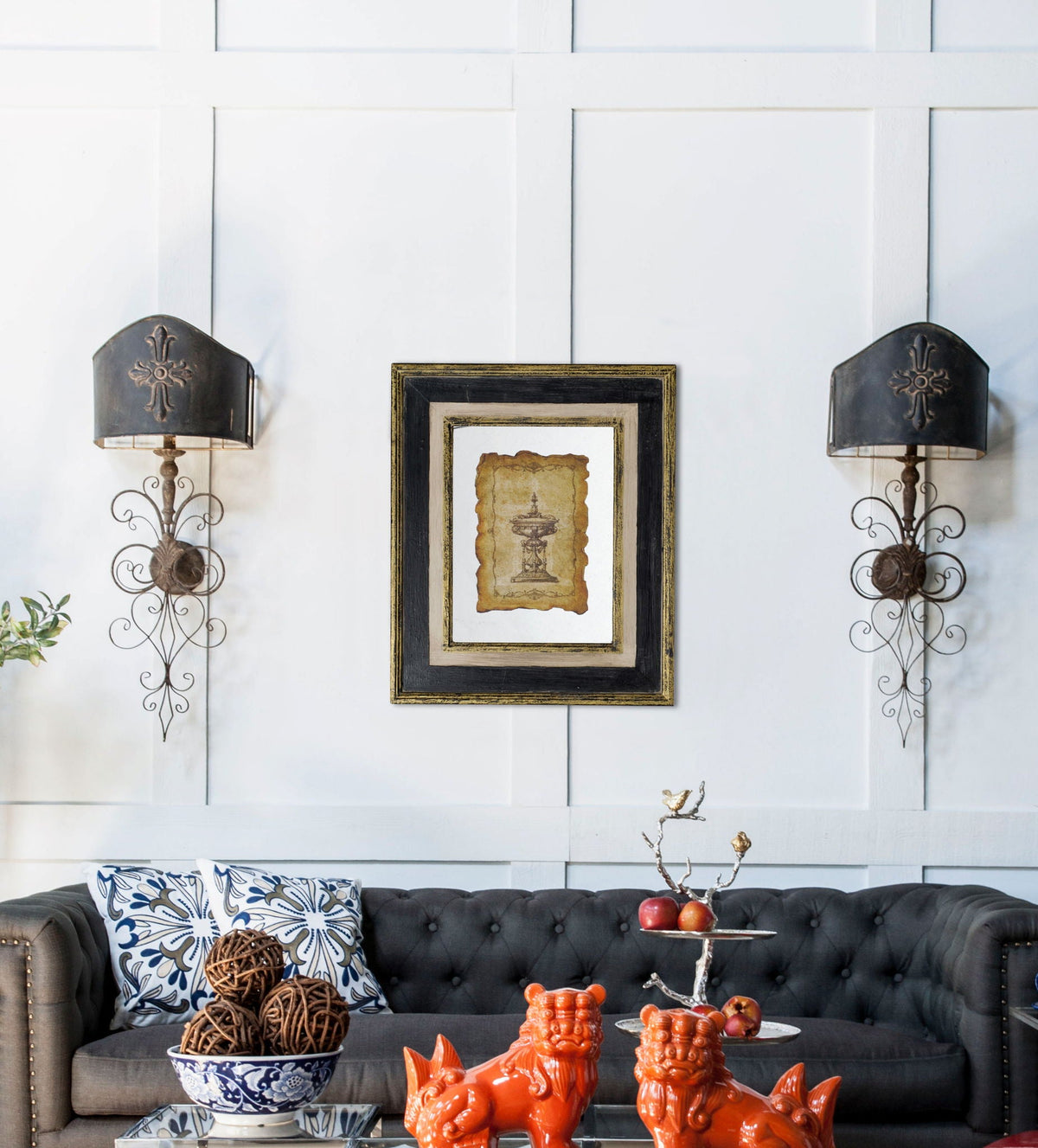 Framed Antiqued Sculpture Print with Wood Frame - Light Brown