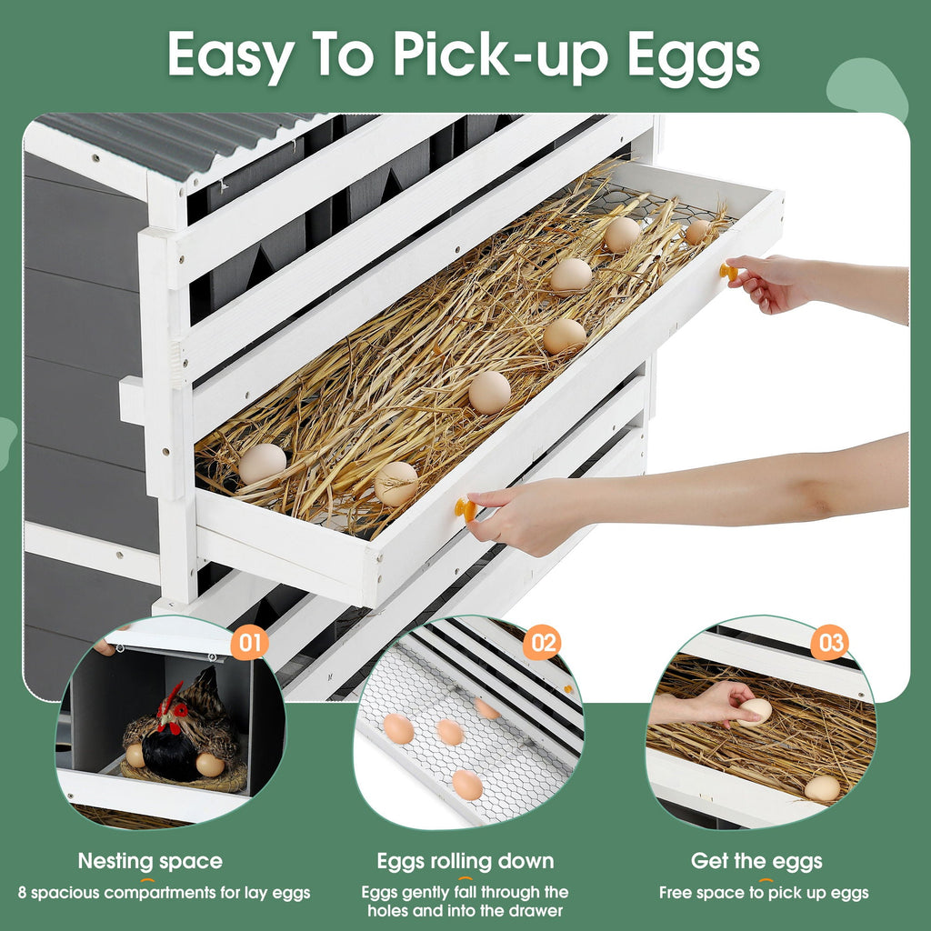 Wooden Chicken Nesting Box with 2 Egg Collection Drawers - White / Gray