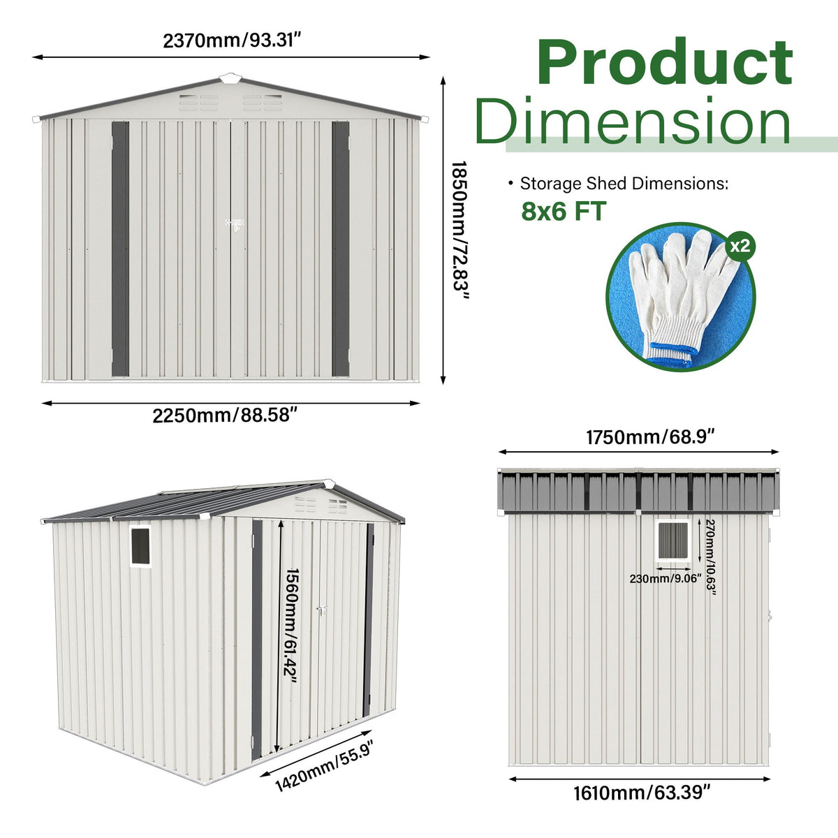 Outdoor Garden Storage Shed with Lockable Doors and Window - White / Gray