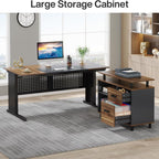 L-Shaped Executive Desk with File Cabinet and Storage Drawers - Light Brown or Dark Gray