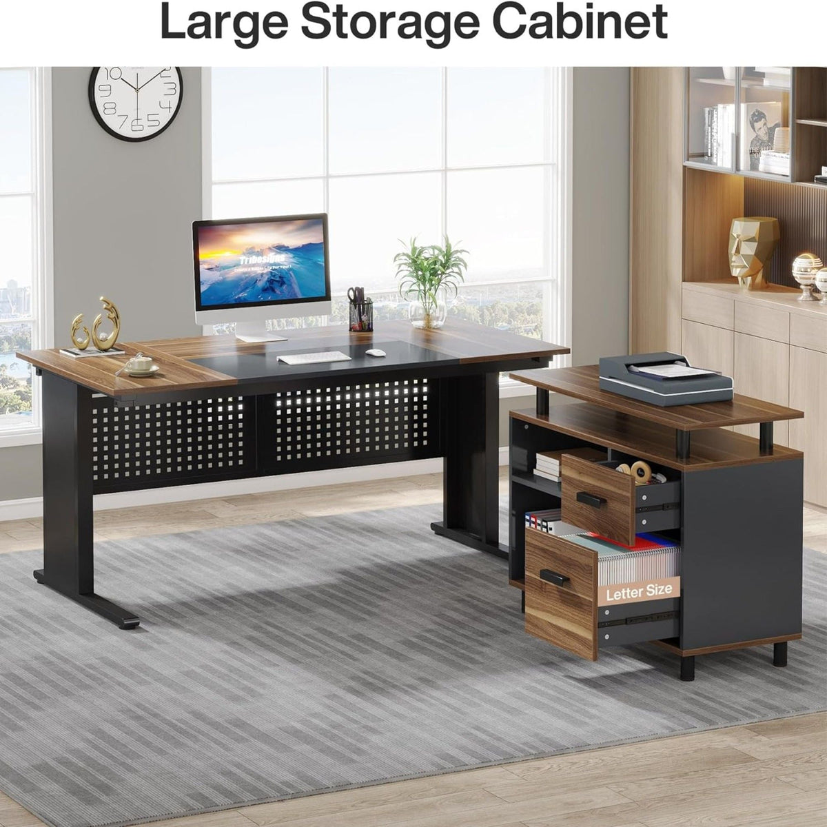 L-Shaped Executive Desk with File Cabinet and Storage Drawers - Light Brown or Dark Gray