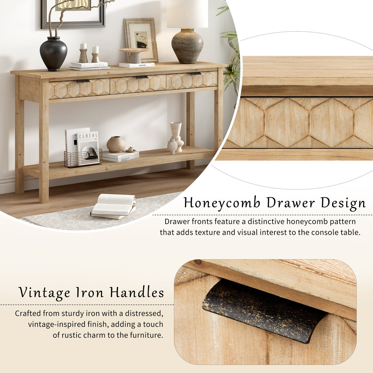 Fir Veneer Entryway Table with Honeycomb-Patterned Drawers - Natural