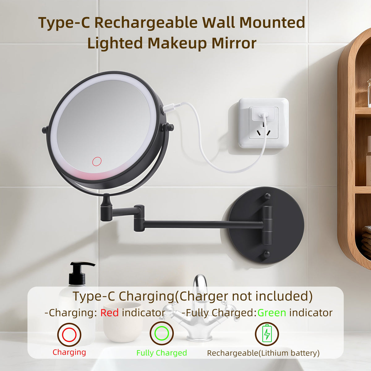 Rechargeable Wall Mounted Makeup Mirror with 10X Magnification - Iron