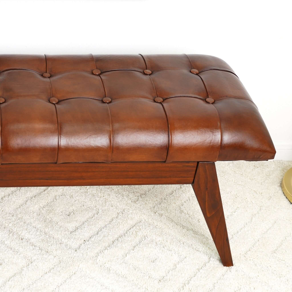Cognac Genuine Leather Upholstered Bench with Solid Wood Frame - Dark Brown