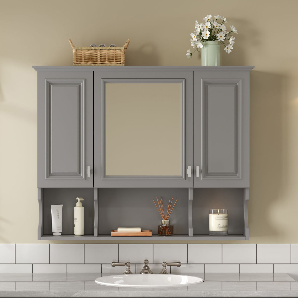 Wall Mounted Bathroom Medicine Cabinet With Mirror & Open Shelves
