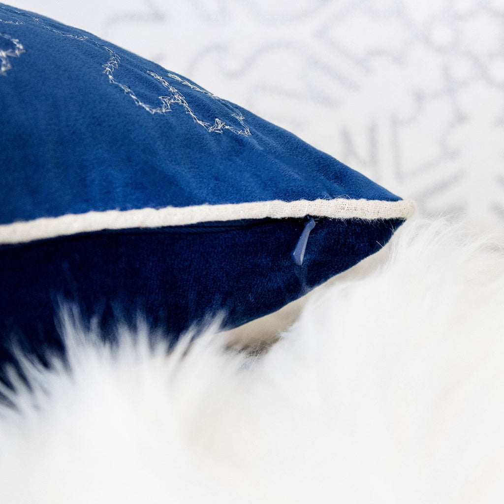 Blue Velvet Holiday Throw Pillow with Silver Snowflakes - Blue