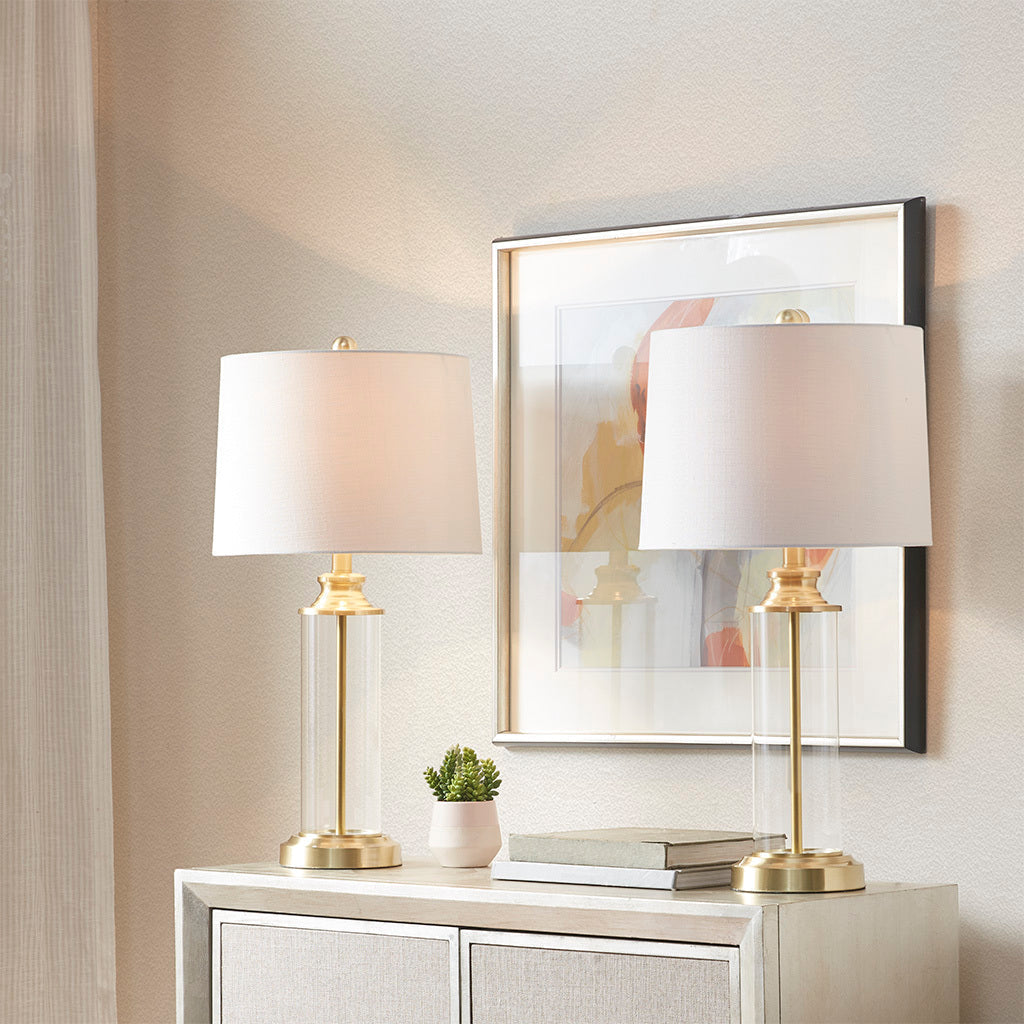 Clarity Glass Cylinder Table Lamp Set of 2 with Gold Accents - Glass/Gold