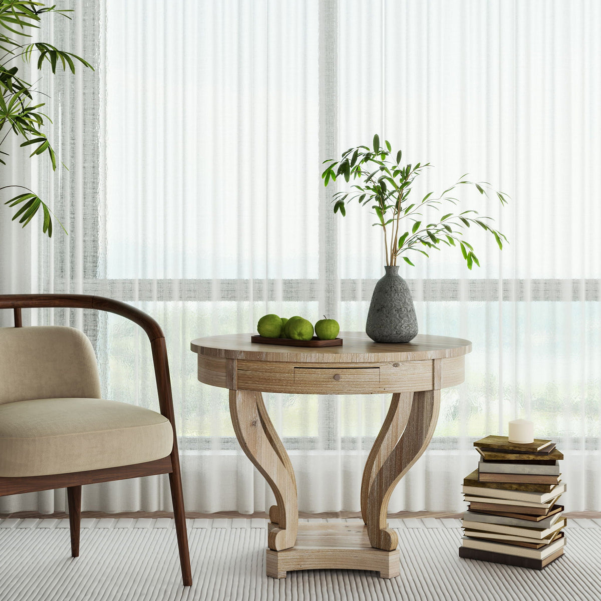 Natural Wood Grain Distressed Side Table with Curved Legs