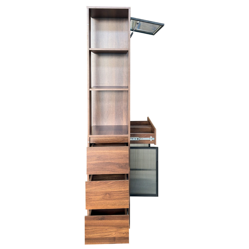 Tall Storage Cabinet with Glass Doors and Drawers - Walnut