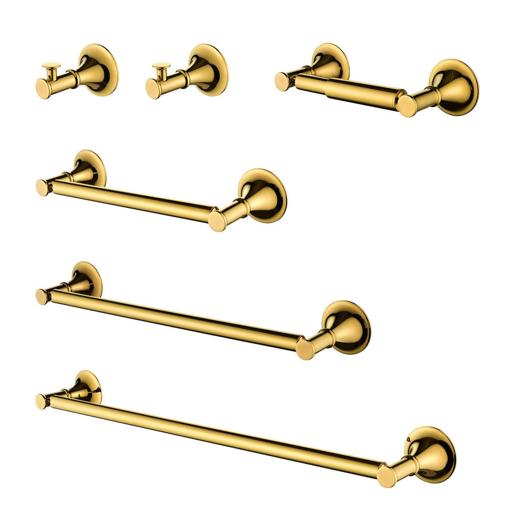 6 Piece Bathroom Accessories Set with Brass Construction - Gold, Matte Black, Brushed Gold