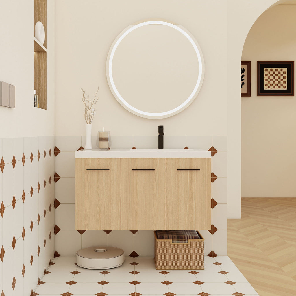 Wall Mounted Floating Bathroom Vanity with Modular 3-Door Cabinet - Light Brown