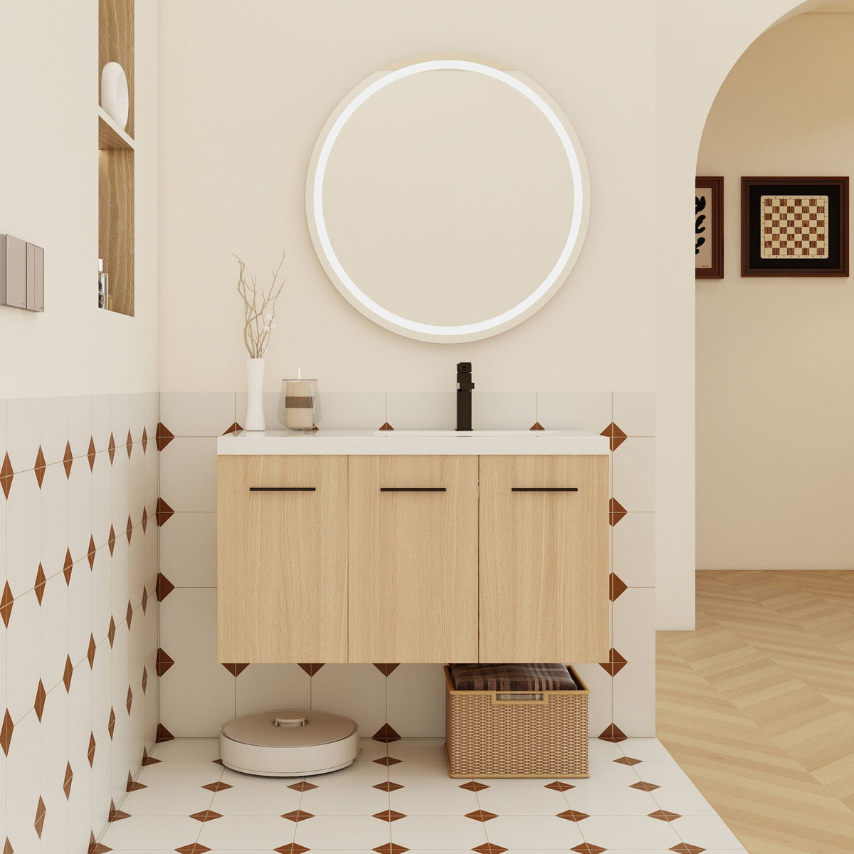 Wall Mounted Floating Bathroom Vanity with Modular 3-Door Cabinet - Light Brown