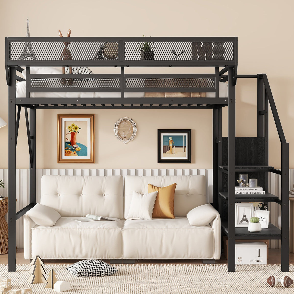 Twin Size Loft Bed with Stairs and Storage Shelves