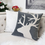 Holiday Reindeer Velvet Accent Pillow with White Appliqué - Gray and White
