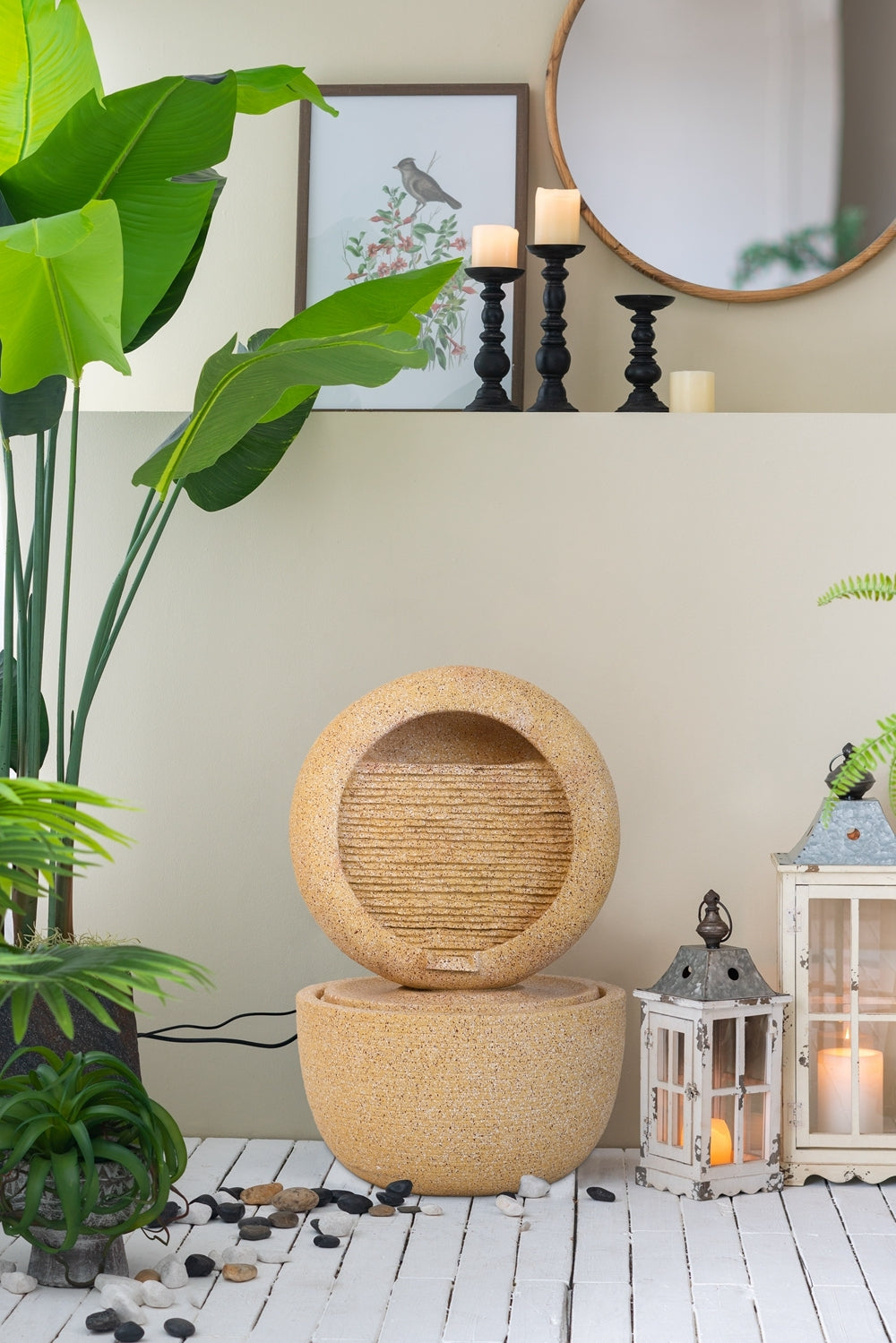 Cement Round Water Fountain with Light and Pump - Beige & Yellow