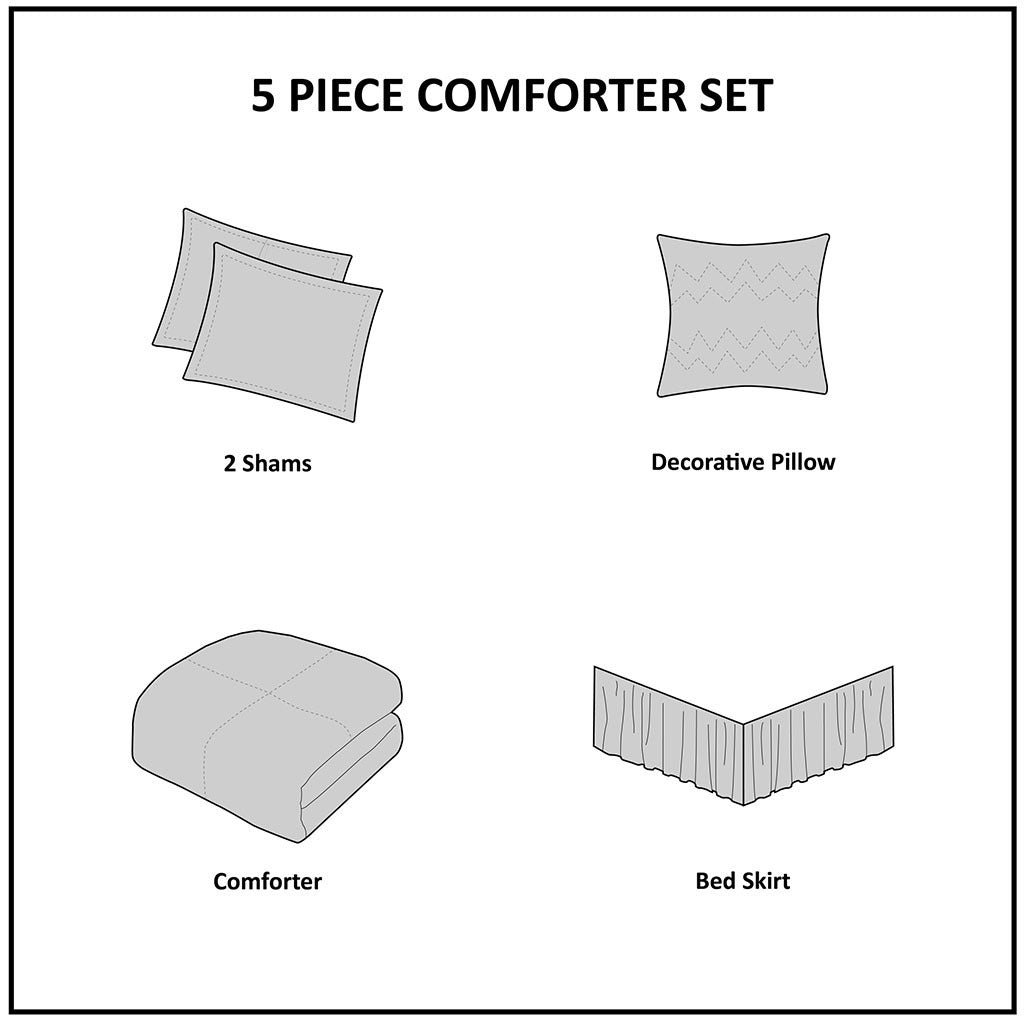 5 Piece Ruffled Comforter Set with Embroidered Decorative Pillow - White