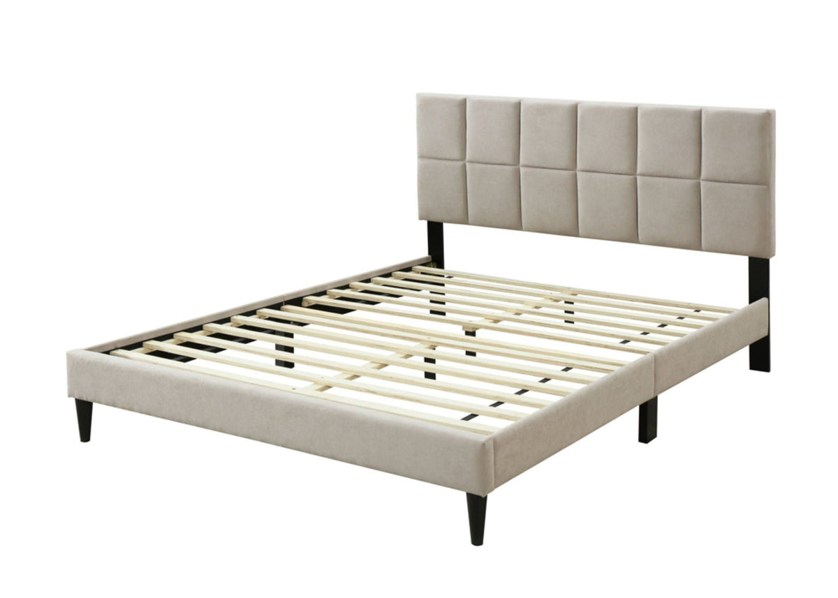 Gray Full Size Upholstered Bed with USB Charging Ports - Modern Squares Headboard