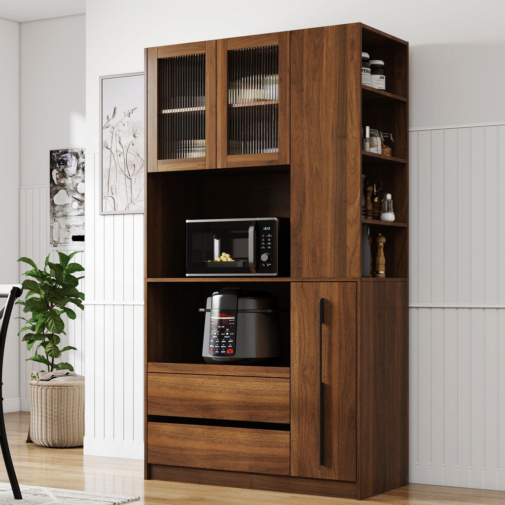 Tall Kitchen Pantry Cabinet with 4 Tier Side Shelf - Walnut