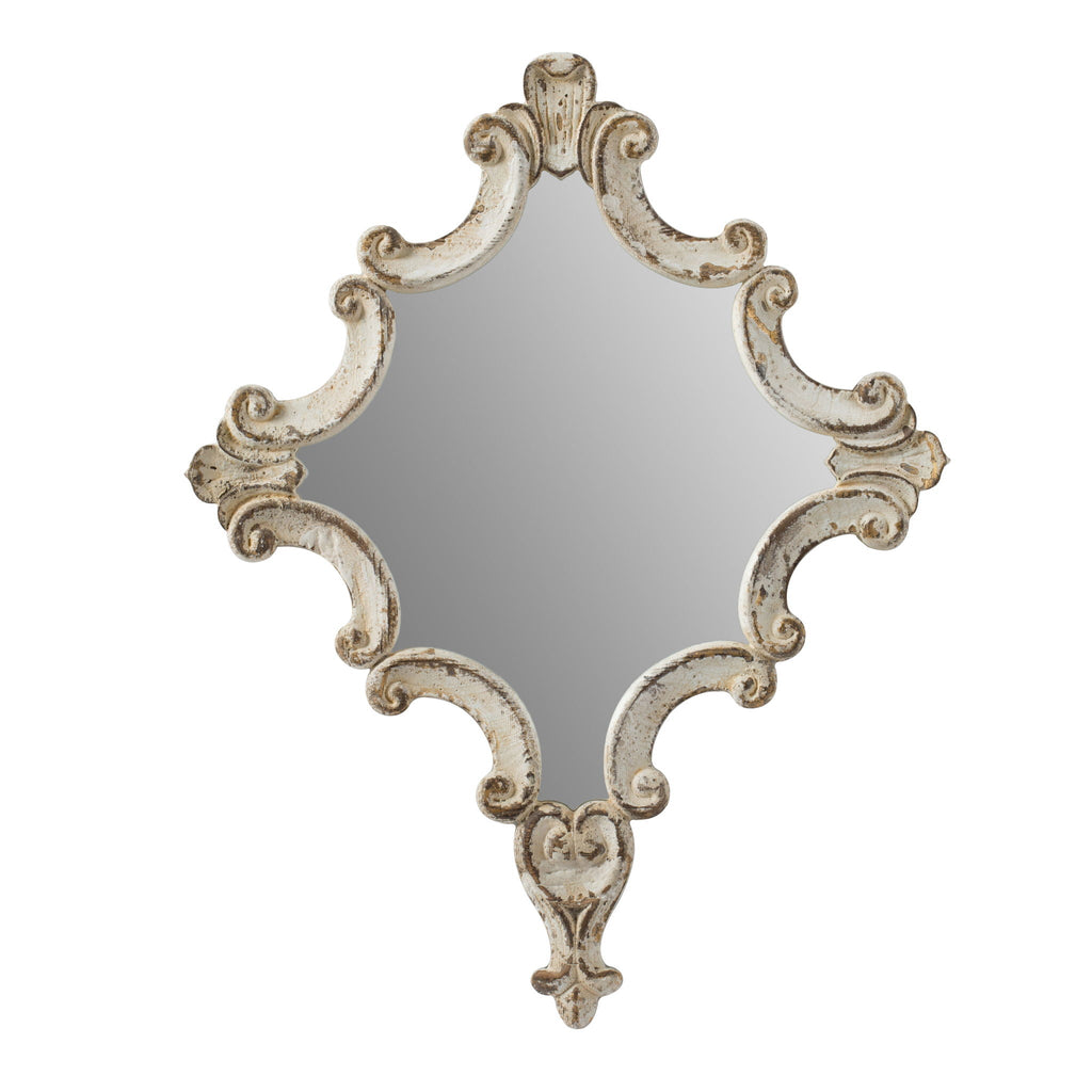 Artistic Diamond Scrollwork Wall Mirror with Fir Wood Frame - Antique White