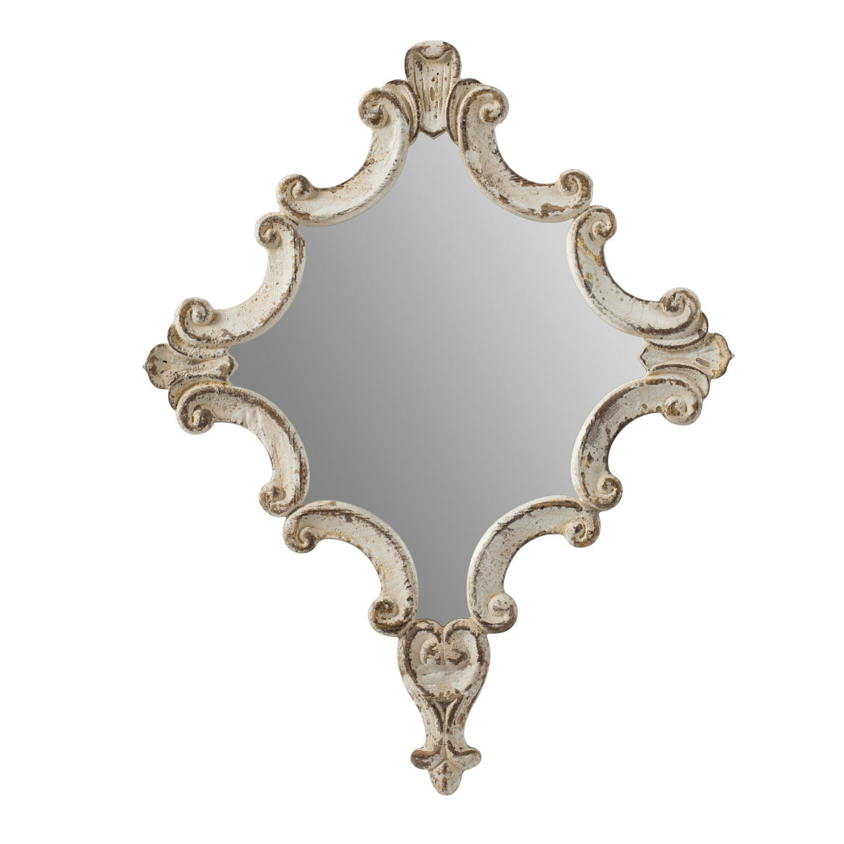 Artistic Diamond Scrollwork Wall Mirror with Fir Wood Frame - Antique White