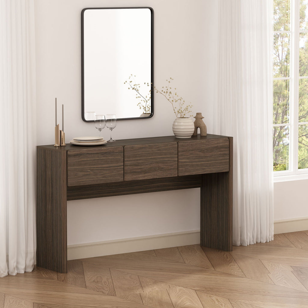 Linda Console Table with Three-Drawer Storage - Light Brown, Dark Brown, Dark Gray