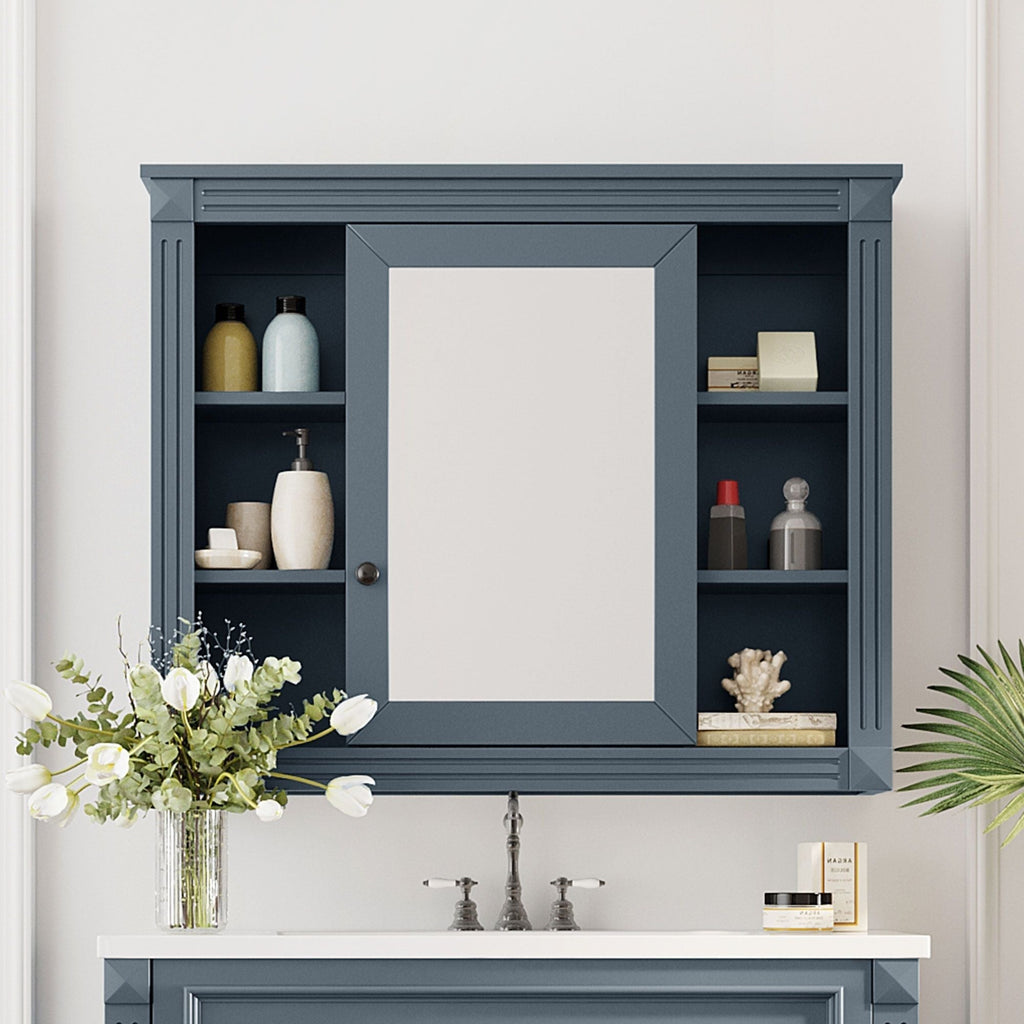 Wall Mounted Bathroom Storage Cabinet with Mirror - Blue, White, or Dark Gray