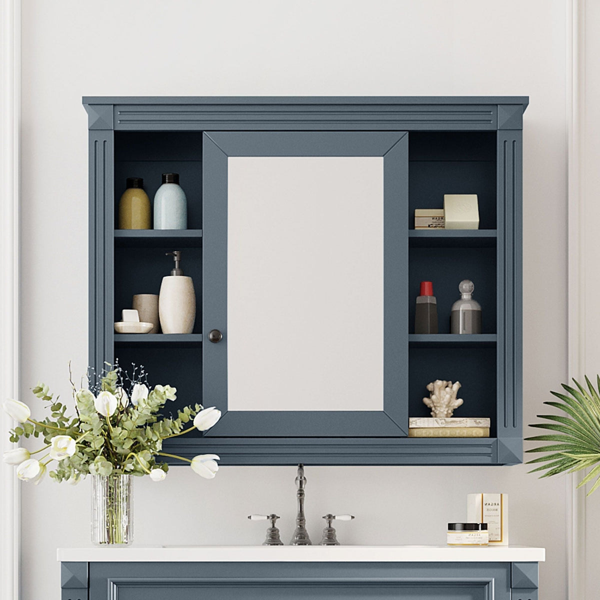 Wall Mounted Bathroom Storage Cabinet with Mirror - Blue, White, or Dark Gray