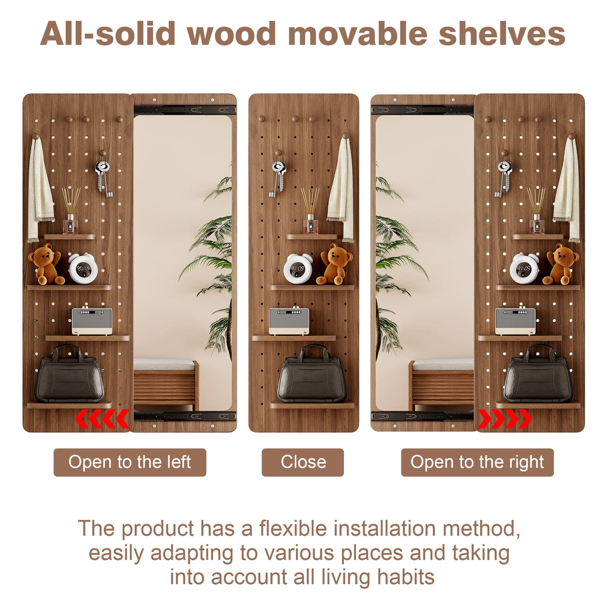 Full Length Wall Mounted Mirror with Shelf and Hook - Dark Brown, White, or Light Brown