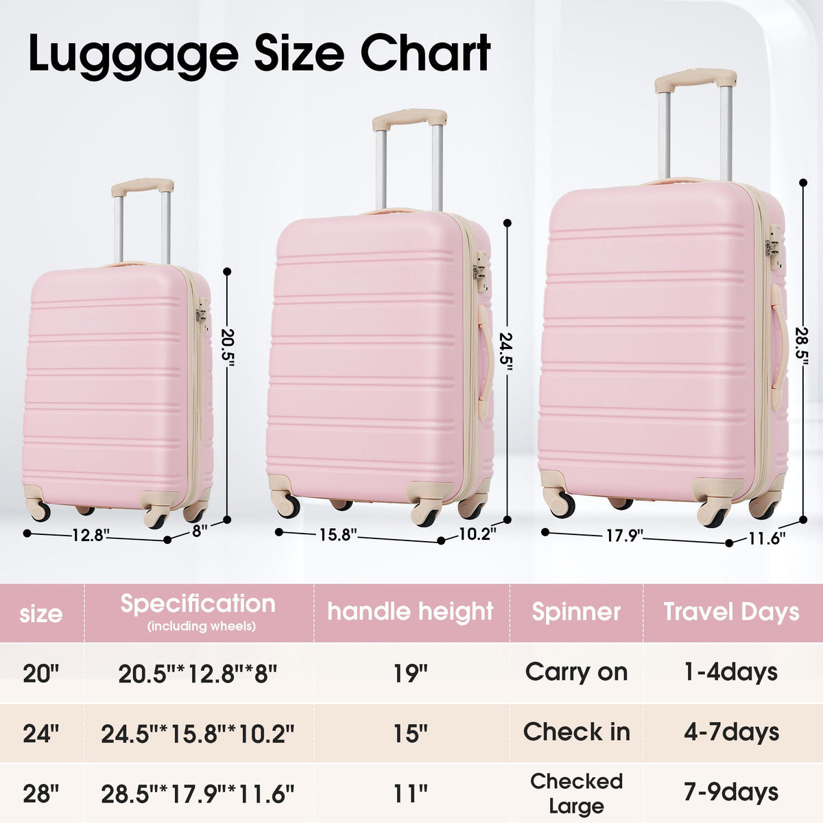 3 Piece Hardside Luggage Set with TSA Lock - Light Pink