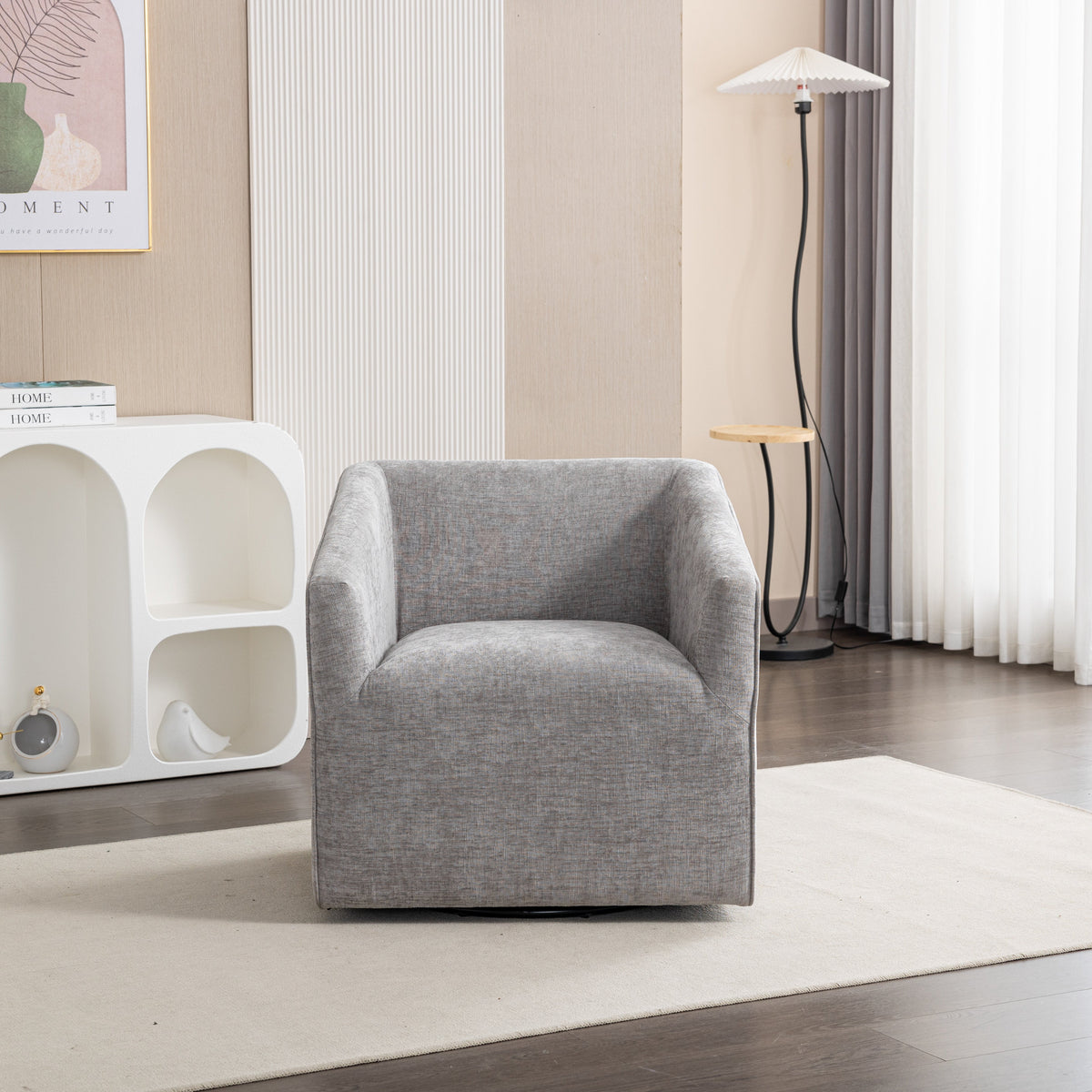 Modern Upholstered Barrel Armchair with 360° Swivel - Gray