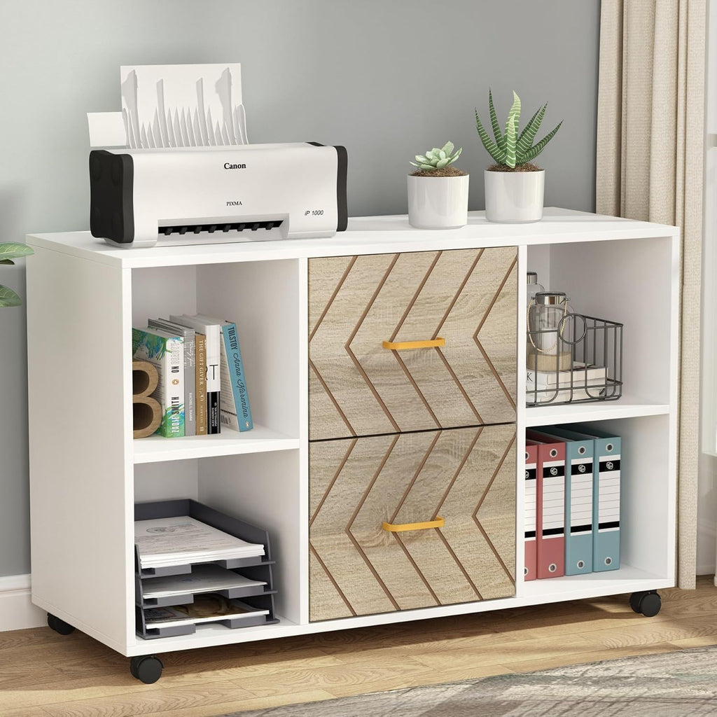 Large Mobile Lateral File Cabinet with 2 Drawers and Storage Shelves - White/Oak