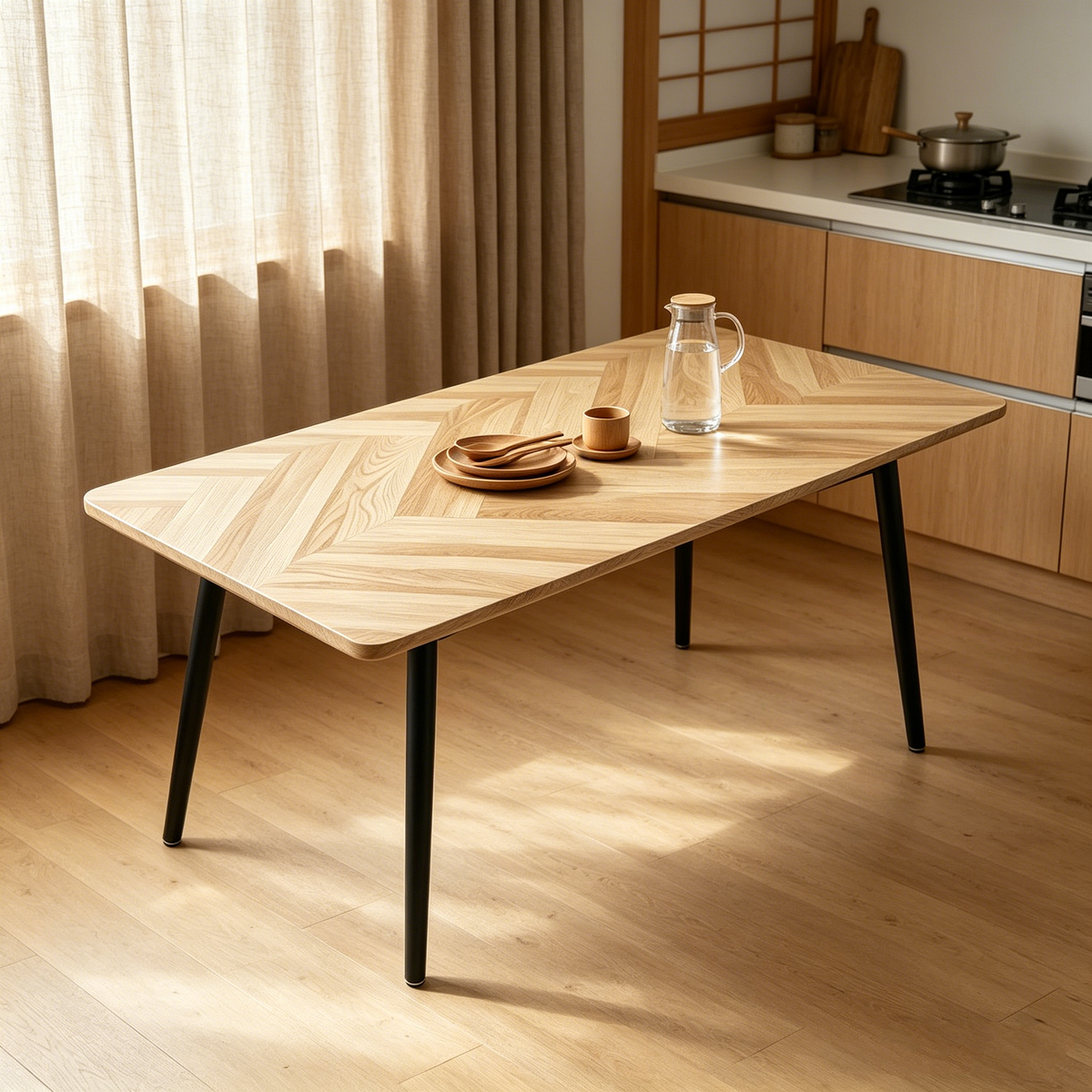 Modern Minimalist MDF Dining Table with Sleek Metal Frame - Wood Color