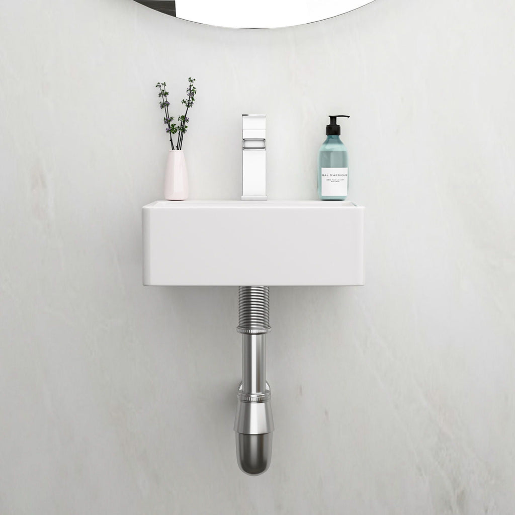 Ceramic Rectangle Wall Mount Bathroom Sink with Single Faucet Hole - White